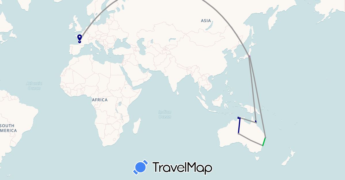 TravelMap itinerary: driving, bus, plane, train in Australia, France, Japan (Asia, Europe, Oceania)